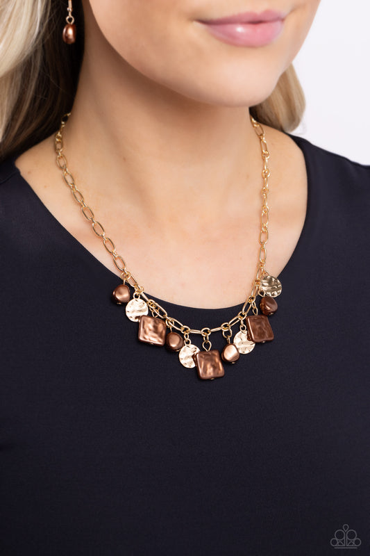 Sophisticated Squared - Brown Pearls/Hammered Gold Disc Paparazzi Necklace & matching earrings