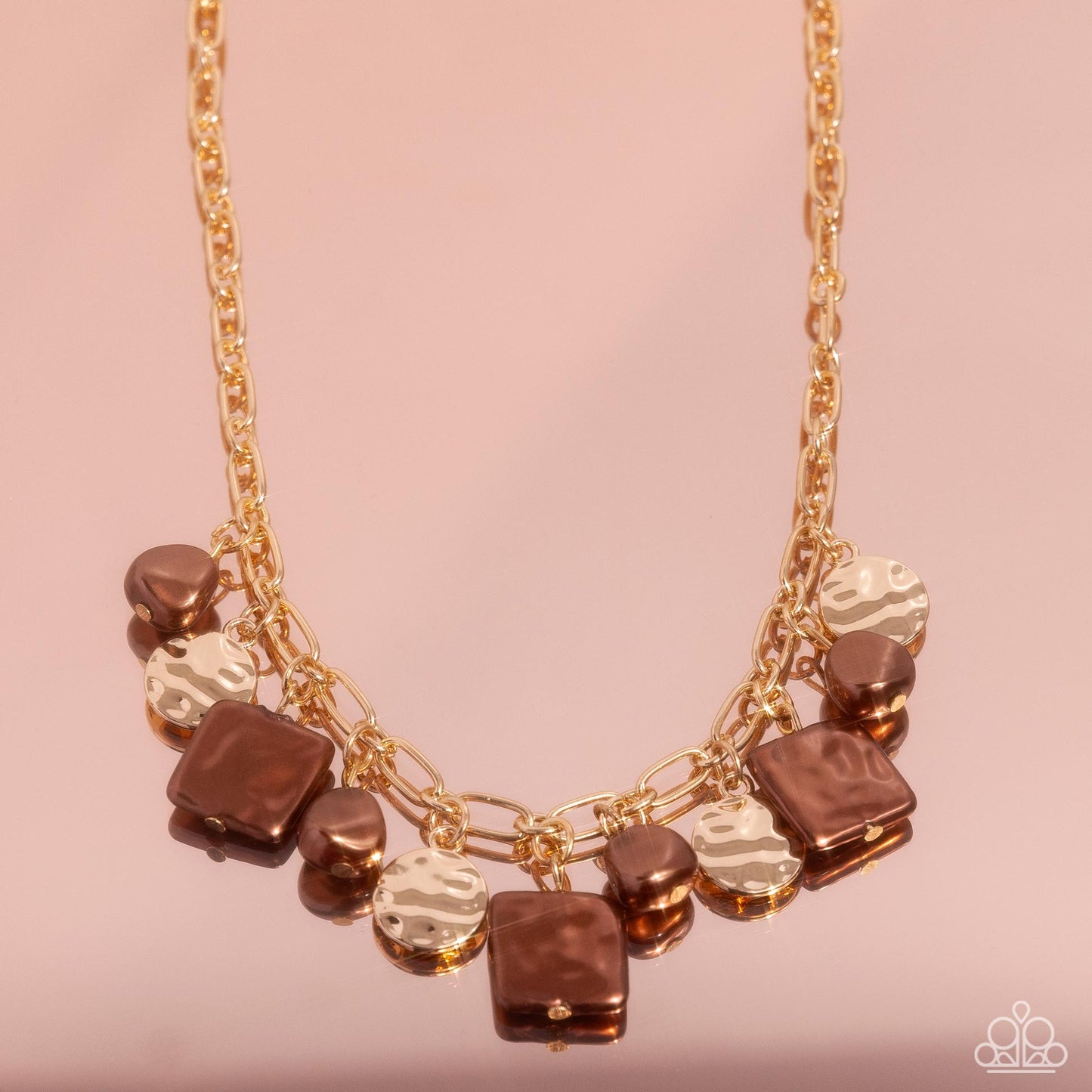 Sophisticated Squared - Brown Pearls/Hammered Gold Disc Paparazzi Necklace & matching earrings