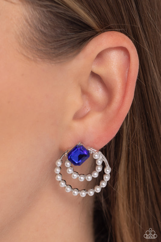 Double Standard - Blue Emerald-Cut Gem/White Pearl Paparazzi Earrings