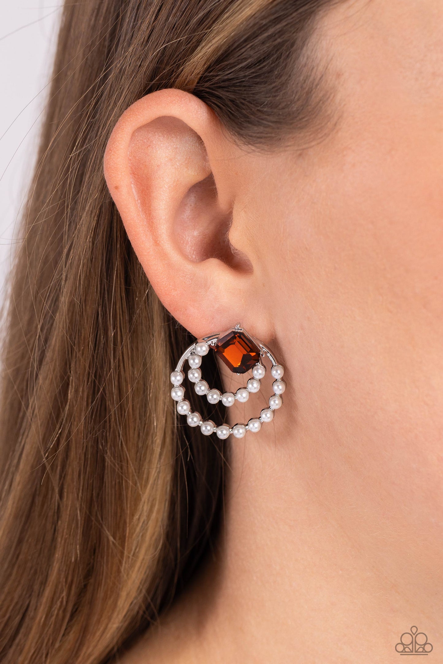 Double Standard - Brown/Topaz Gem & White Pearls Paparazzi Earrings