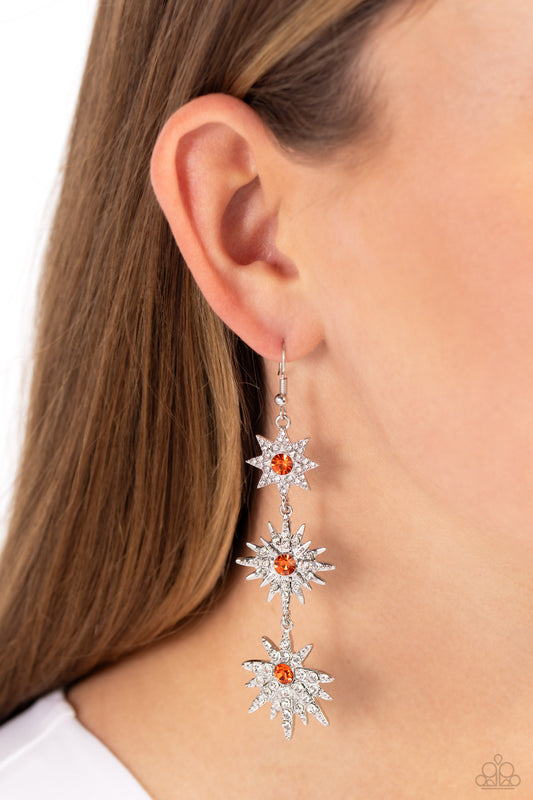 Stellar Series - Orange & White Rhinestone Silver Star Paparazzi Earrings