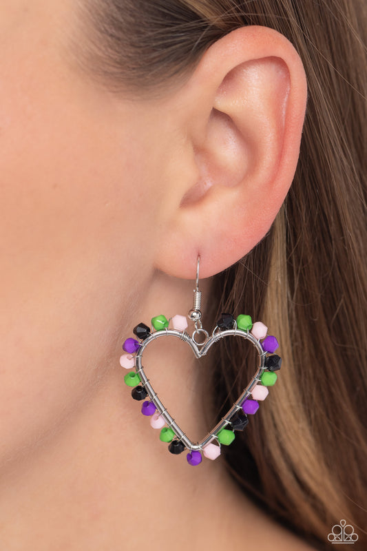 Fun-Loving Fashion - Black, Green, Pink, & Purple Seed Beads/Silver Heart Paparazzi Earrings