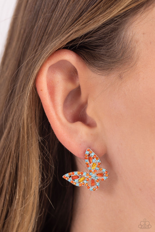 Tilted Takeoff - Orange & Blue Rhinestones/Gems Paparazzi Butterfly Post Earrings