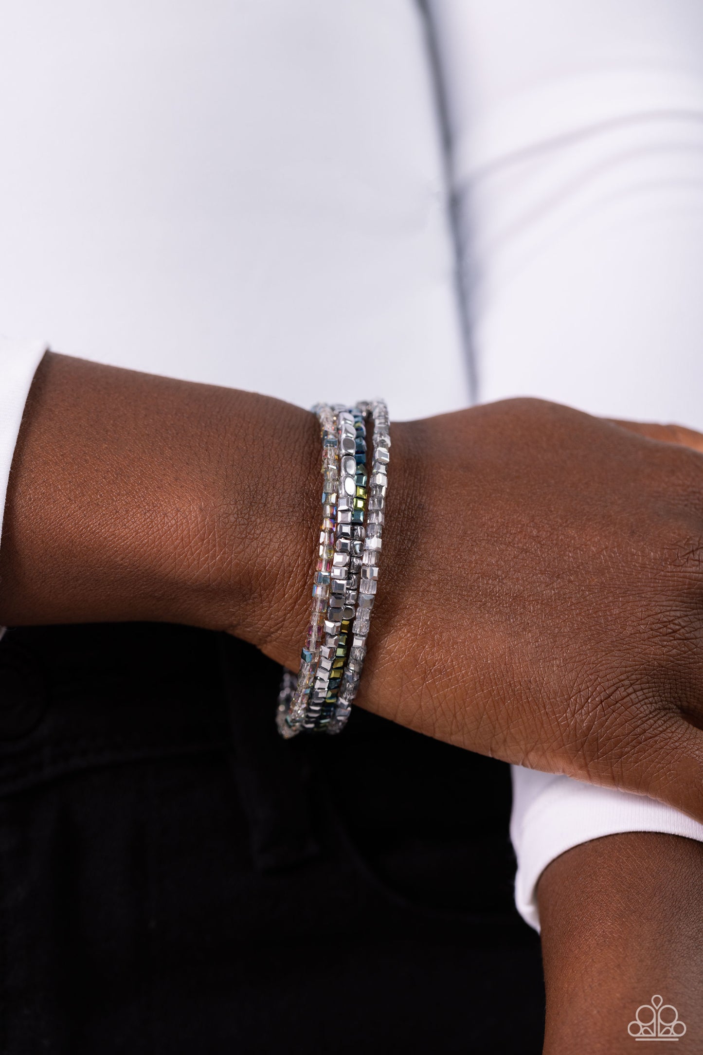 Dainty Dancer - Silver Cube & Blue Oil Spill Beaded Paparazzi Coil Bracelet