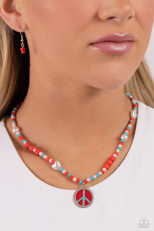 Pearly Possession - Red, Pink, Blue Seed Beads/Peace Sign Pendant Paparazzi Necklace & matching earrings