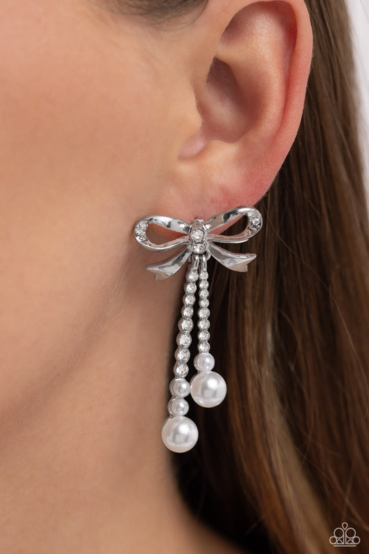 Bodacious Bow - White RhinestoneWhite Pearls Paparazzi Bow Earrings
