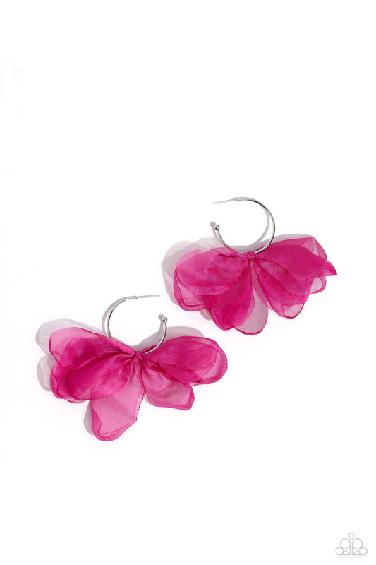 Chiffon Class - Pink Chiffon Bow/Silver Hoop Paparazzi Earrings