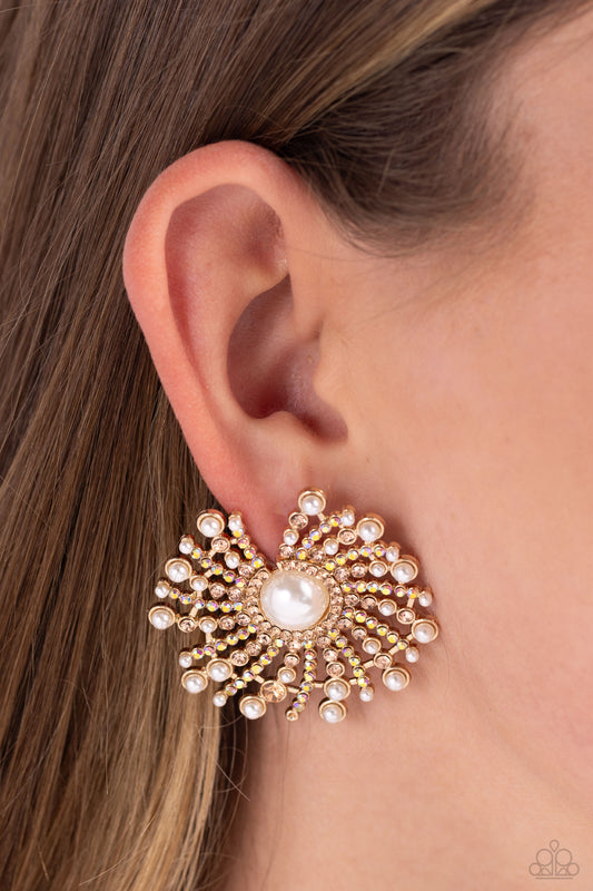 Fancy Fireworks - Gold/Topaz Rhinestone Strands & Pearl Centers Paparazzi Earrings