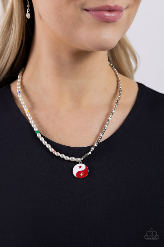 Youthful Yin and Yang - Red/White Yin-Yang Charm Paparazzi Necklace & matching earrings