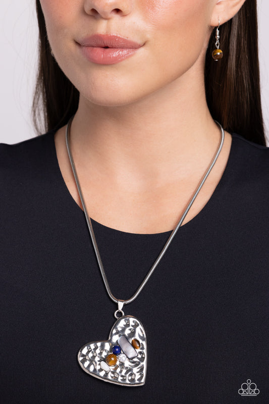 Tilted Trailblazer - Brown Stones/Silver Hammered Heart Pendant Paparazzi Necklace & matching earrings