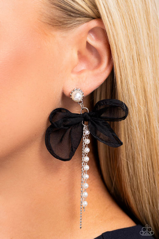 High-Class Heiress - Black Chiffon Bow/White Pearl.Silver Ball Chain Paparazzi Earrings