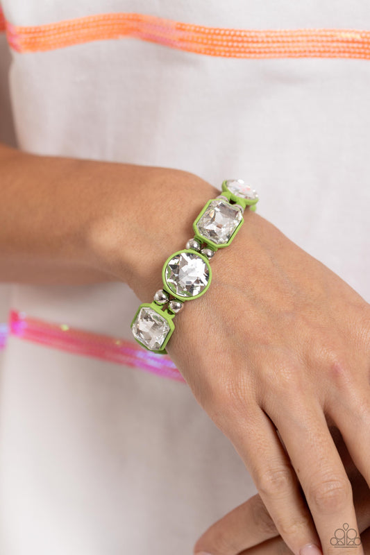 Transforming Taste - Green Frames & Oversized White Gems Paparazzi Stretch Bracelet
