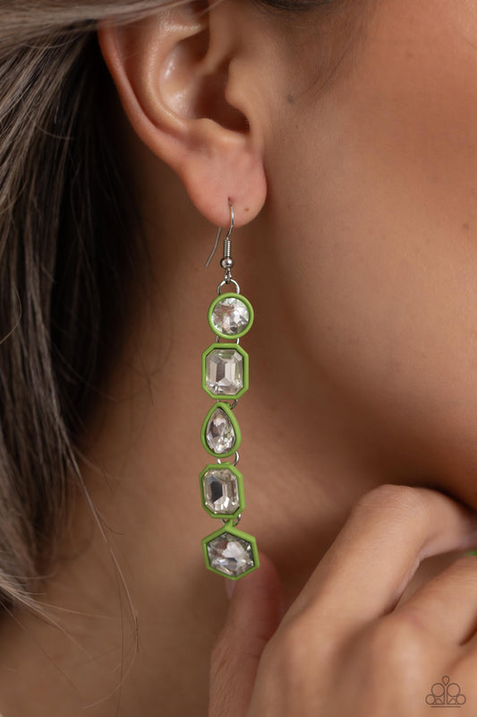 Developing Dignity - Green Frames & White Gems Paparazzi Earrings