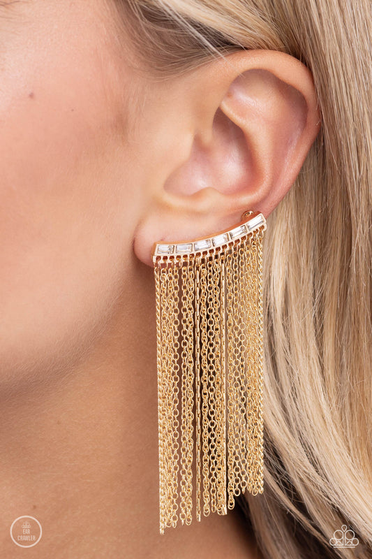 Feuding Fringe - Gold Chain Fringe & White Gem Encrusted Frame Paparazzi Ear Crawler Earrings