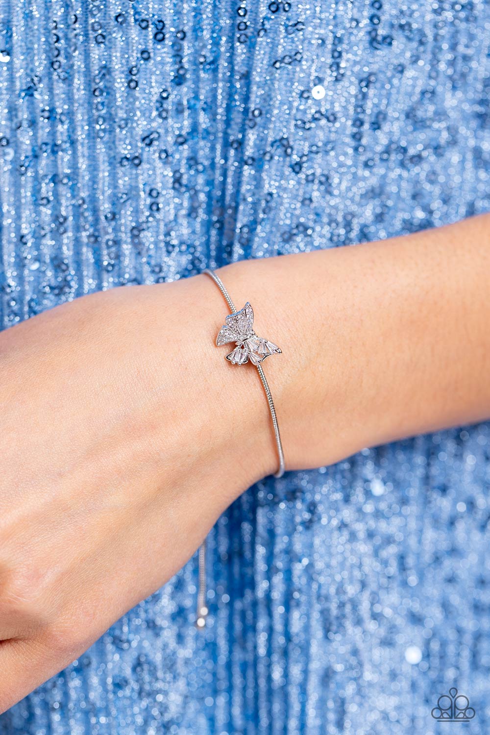 Adjustable Allure - White Rhinestone Butterfly Paparazzi Urban Bracelet