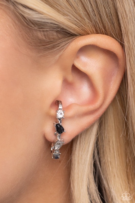 Trendy Twists - Black, White, & Hematite Rhinestones/Curved Silver Bar Paparazzi Earrings