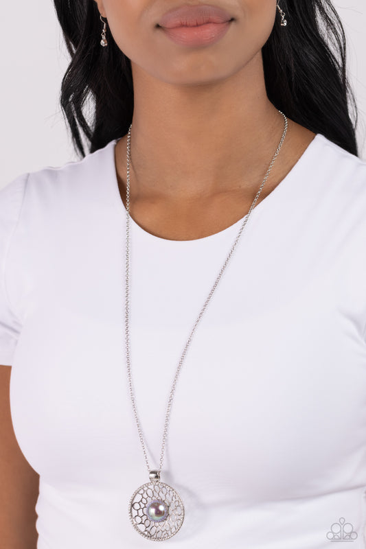 Wall Street Web - Silver (Gray) Pearl/Netted Silver Disc Pendant Paparazzi Necklace & matching earrings