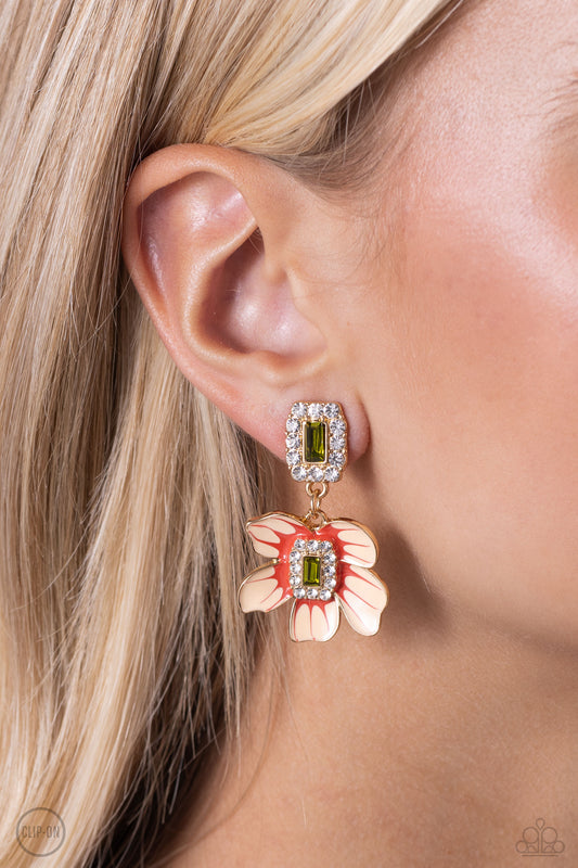 Colorful Clippings - Green Gem/Peach Flower Paparazzi CLIP-ON Earrings