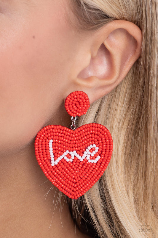 Sweet Seeds - Red Seed Bead Heart & White Seed Bead "Love" Paparazzi Earrings