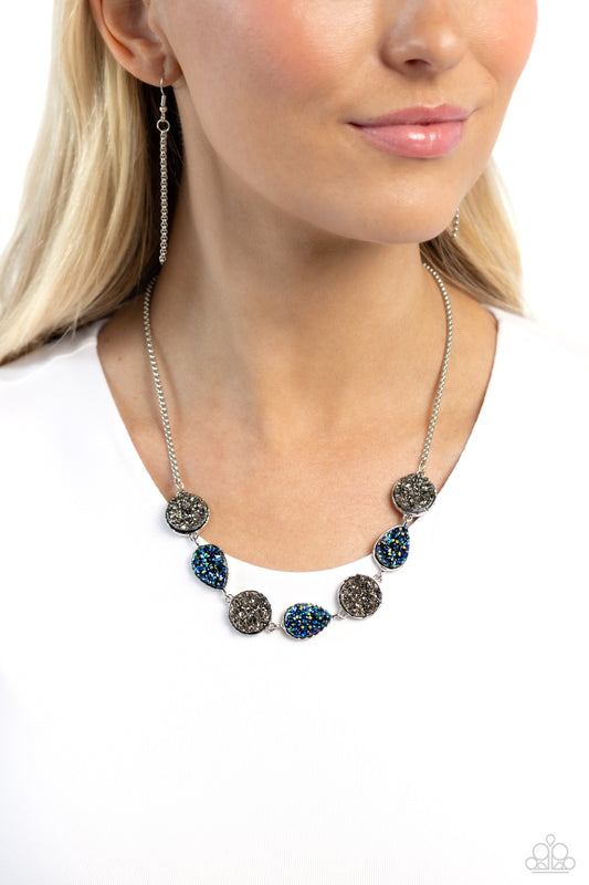 Druzy Demand - Silver Hematite/Blue Oil-Spill Accents Paparazzi Necklace & matching earrings