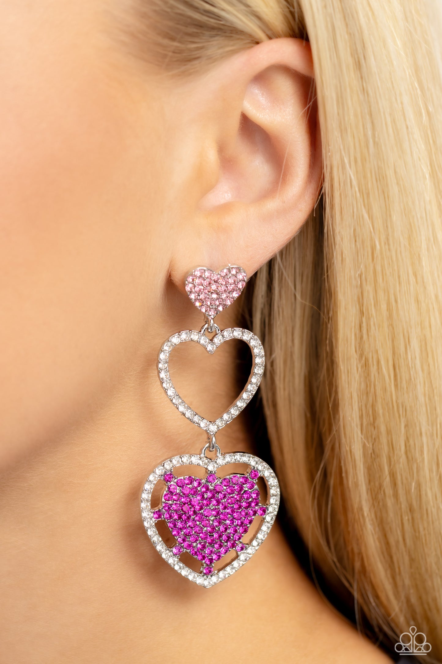 Couples Celebration - Pink & White Rhinestone Encrusted Hearts Paparazzi Earrings