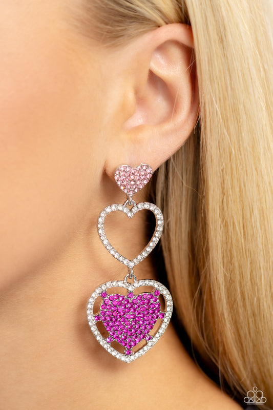 Couples Celebration - Pink & White Rhinestone Encrusted Hearts Paparazzi Earrings