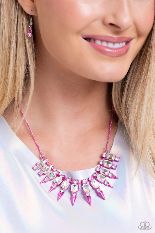 Punk Passion - Pink Metallic Prongs/White Gems Paparazzi Necklace & matching earrings