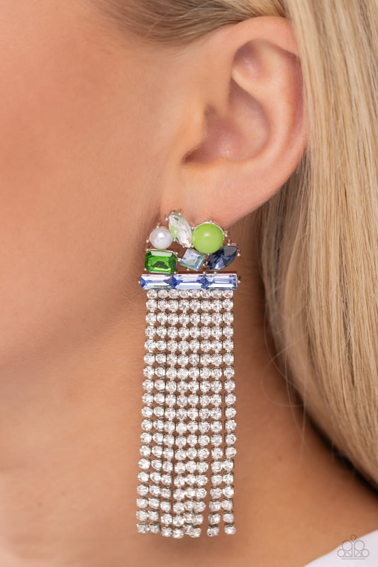 Horizontal Hallmark - Blue, Green, & White Gems/White Pearls/White Rhinestone Tassels Paparazzi Earrings