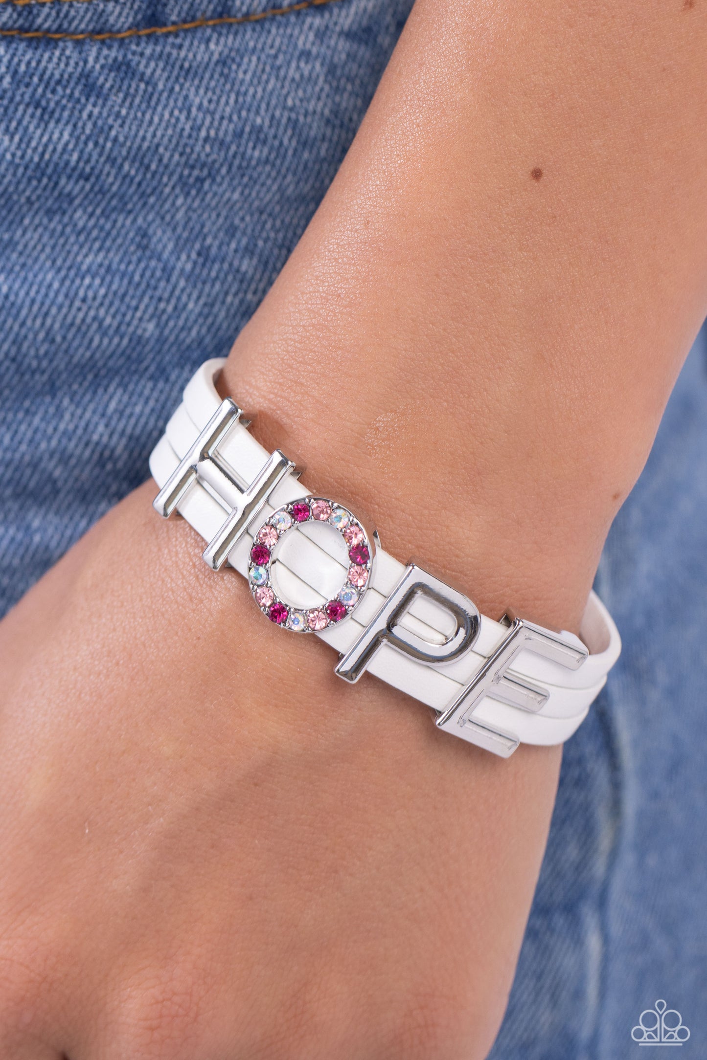 Hopeful Haute - White Leather/ "HOPE" Lettering Paparazzi Magnetic Bracelet