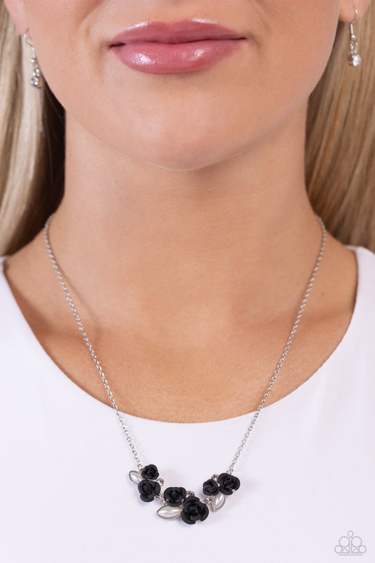 Al-ROSE Ready - Black Roses/White Rhinestones/White Pearls Paparazzi Necklace & matching earrings