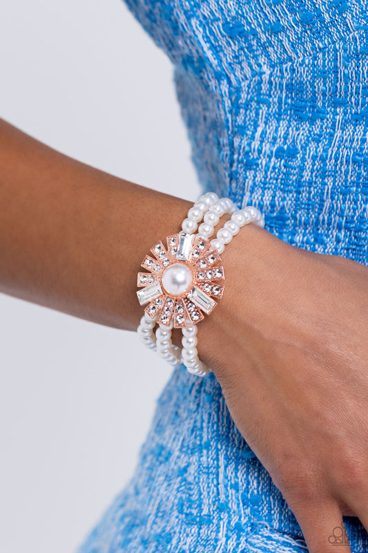 Gifted Gatsby - Copper Bars/White Rhinestones/White Pearls Paparazzi Stretch Bracelet