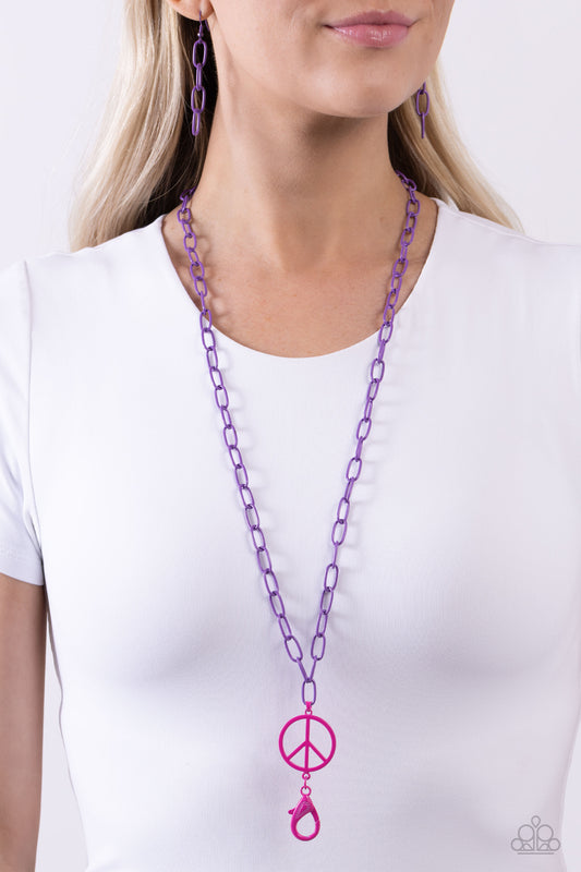 Tranquil Unity - Purple Paperclip Chain/Pink Peace Sign Paparazzi LANYARD Necklace & matching earrings