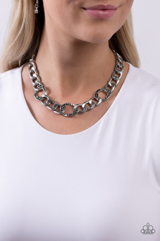Gleaming Harmony - Silver Bod Curb Chain/Hematite Rhinestone Paparazzi Necklace & matching earrings
