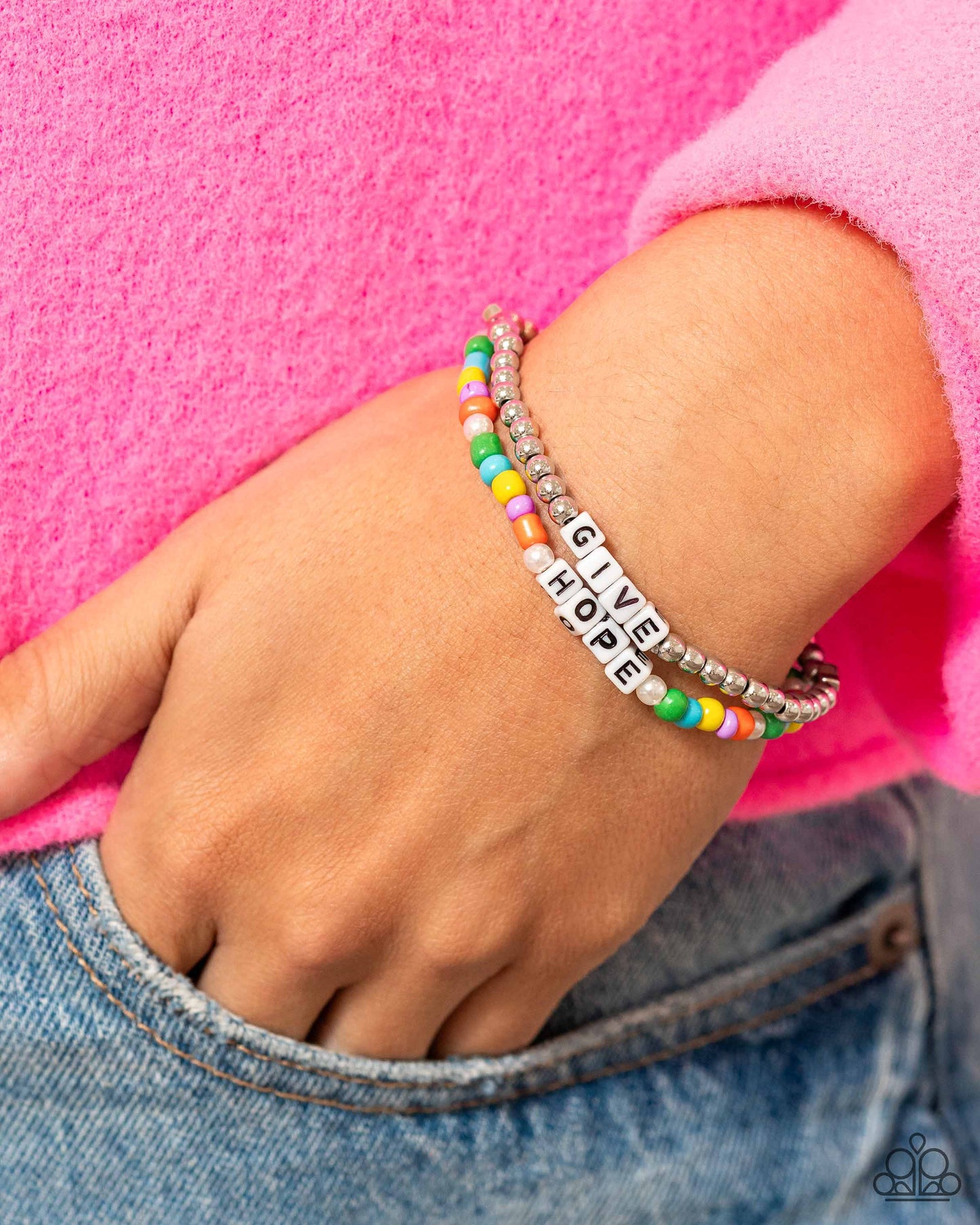 Giving Hope - Multi Colored Seed Beads/Silver Beads/ "Give Hope" Beaded Set of 2 Paparazzi Stretch Bracelets