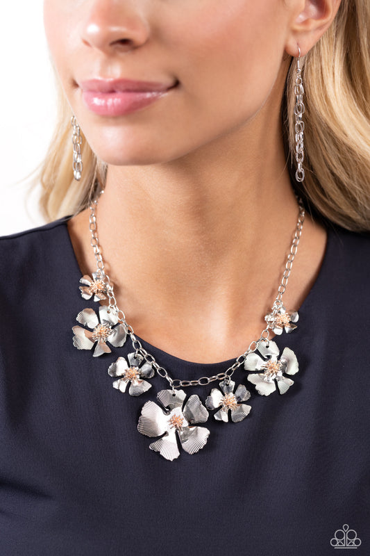 Prideful Pollen - Silver Textured Floral Frames/Rose Gold Centers Paparazzi Necklace & matching earrings