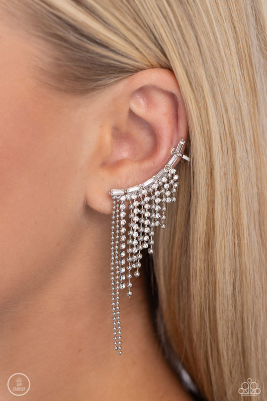 Tapered Tease - White Rhinestone & Popcorn Chain Fringe Paparazzi Ear Crawler Earrings