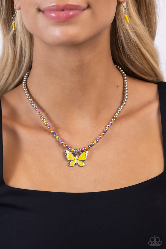 Vibrant Flutter - Yellow Painted Butterfly/Seed Bead/Silver Bead Paparazzi Necklace & matching earrings