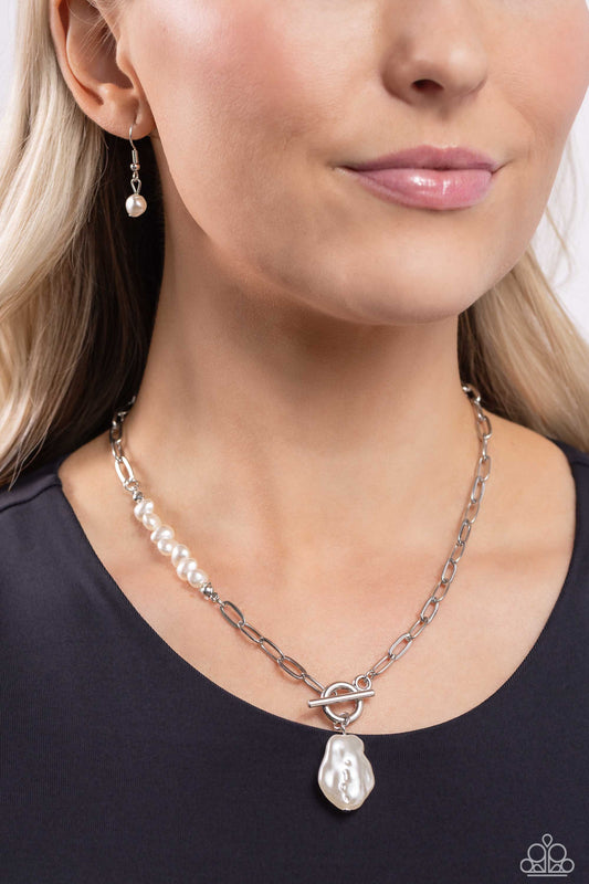 Courting Cosmopolitan - White Oversized Pearl Pendant Paparazzi Toggle Necklace & matching earrings