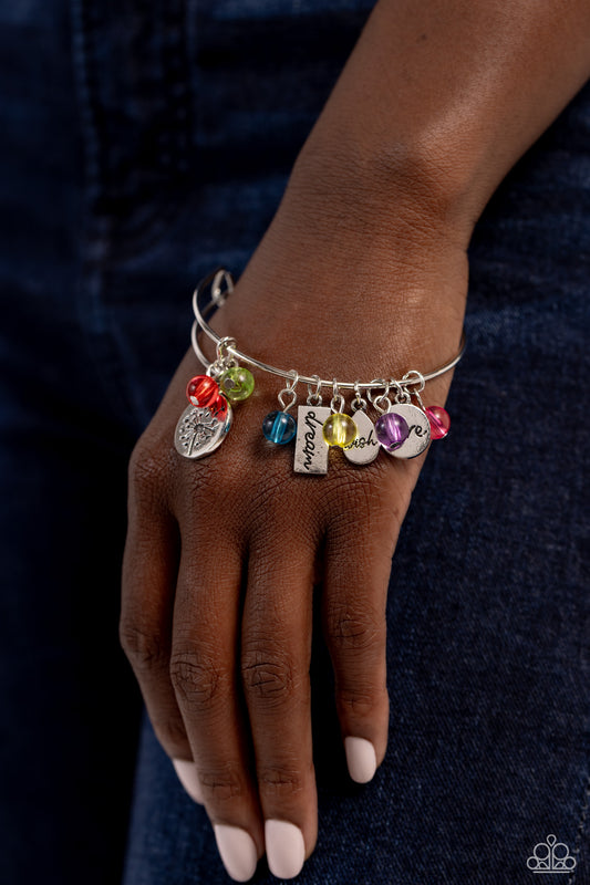 Dedicated Dandelion - Multi Colored Beads/Stamped Silver Charms Paparazzi Bangle Bracelet