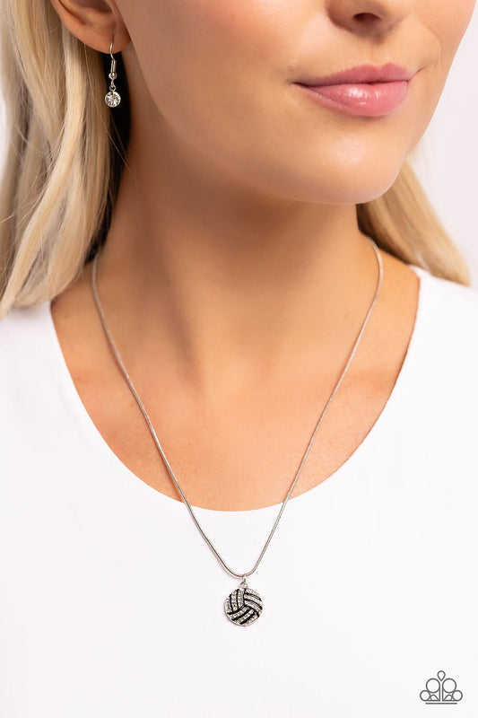Bump, Set, Shimmer! - White Rhinestone Encrusted Volleyball Pendant Paparazzi Necklace & matching earrings