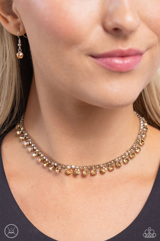 Ritzy Rhinestones - Brown/Peach Iridescent Rhinestone Paparazzi Choker Necklace & matching earrings