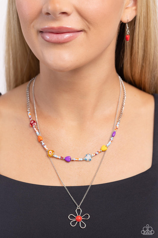 Traditionally Trendy - Red/Multicolored Seed Beads, Multicolored Hearts Paparazzi Necklace & matching earrings