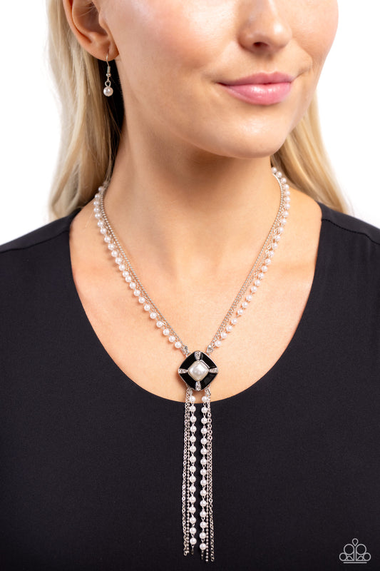 I Pinky SQUARE - Black/White Rhinestone/White Pearl Square Pendant Paparazzi Necklace & matching earrings