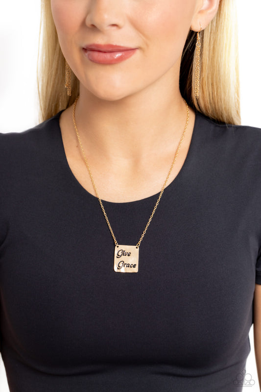 Give Grace - Gold "Give Grace" Stamped Pendant Paparazzi Necklace & matching earrings