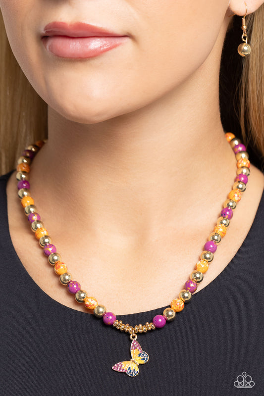 Speckled Story - Orange/Purple/Gold Beads & Multicolored Butterfly Paparazzi Necklace & matching earrings