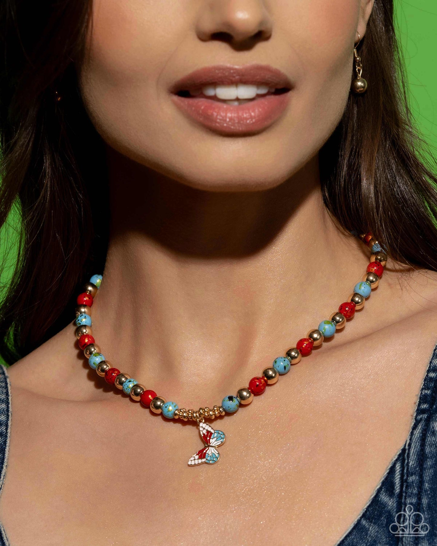 Speckled Story - Red/Blue/Gold Beads/Red Butterfly Pendant Paparazzi Necklace & matching earrings