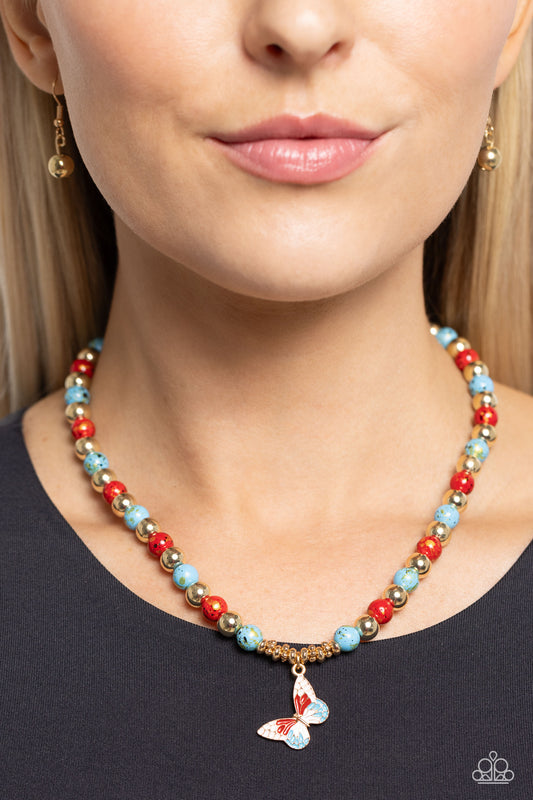 Speckled Story - Red/Blue/Gold Beads/Red Butterfly Pendant Paparazzi Necklace & matching earrings