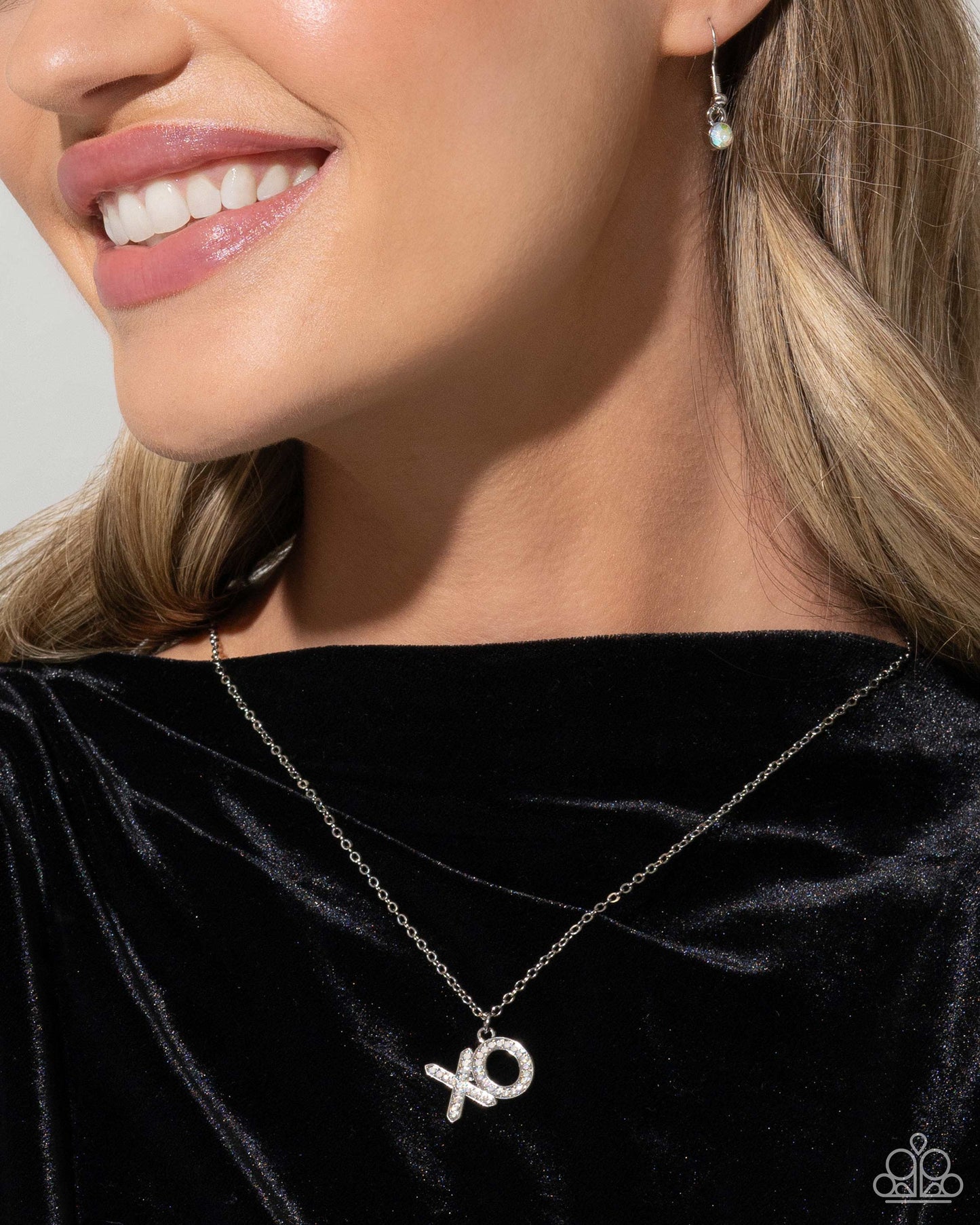 XO Showcase - White/Iridescent XO Encrusted Pendant Paparazzi Necklace & matching earrings