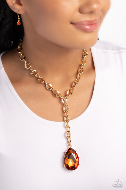 Benevolent Bling - Gold Abstract Ring Chain/Topaz Faceted Gem Pendant Paparazzi Necklace & matching earrings