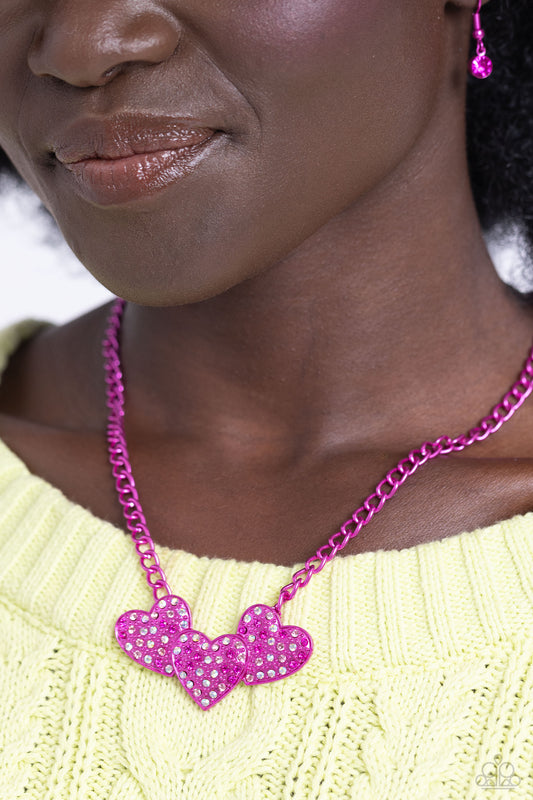 Low-Key Lovestruck - Pink Metallic Heart Frames/Iridescent Rhinestones Paparazzi Necklace & matching earrings